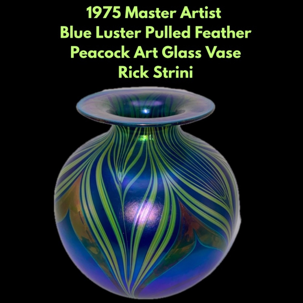 1975  Master Artist Blue Luster Pulled Feather Peacock Art Glass Vase